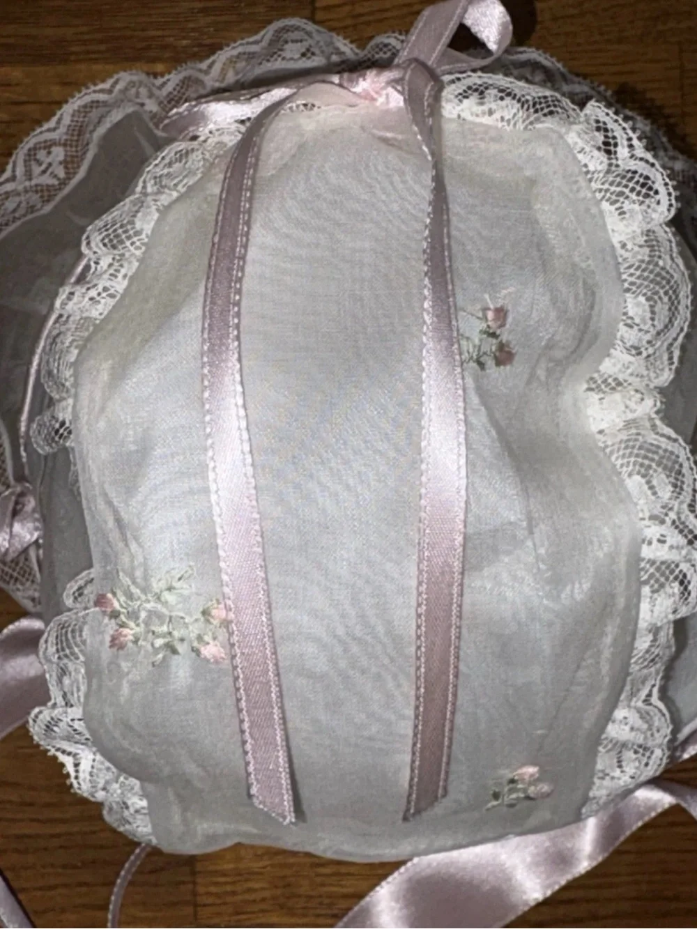 Vintage MCM 1952 Salkin & Linoff Sheer Ivory with Embroidery Baby Bonnet